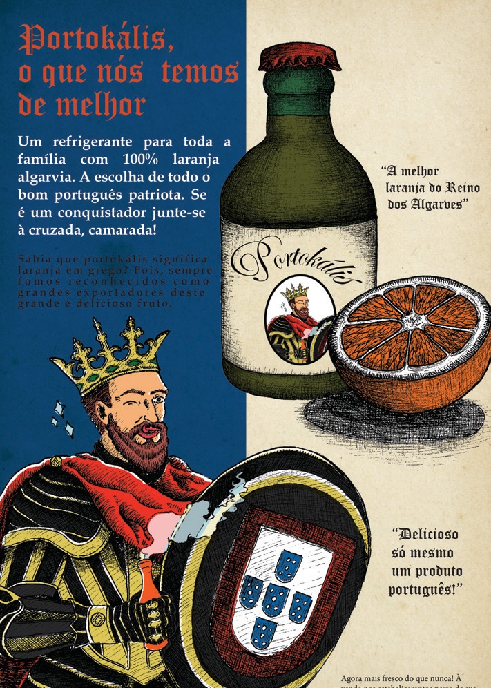 Portokális fictional orange-juice campaign poster with illustrated king, bottle and vintage typography
