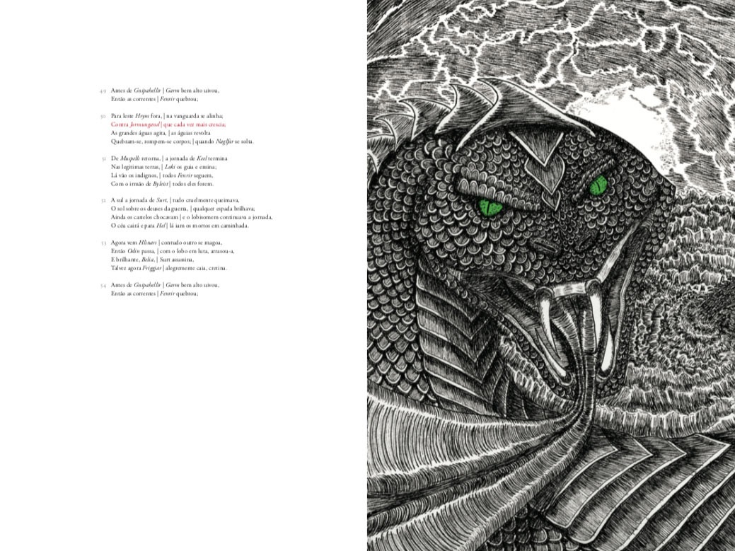 Völuspa illustrated book spread combining Norse mythology, detailed linework and editorial composition